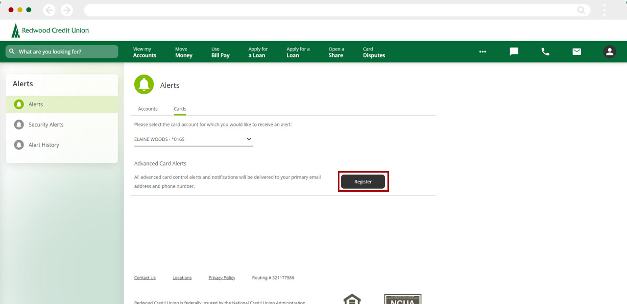 Screenshot of registering for card alerts for desktop