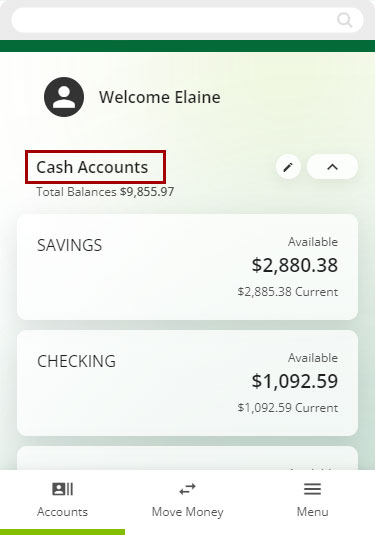 Screenshot of where to check account balance on mobile
