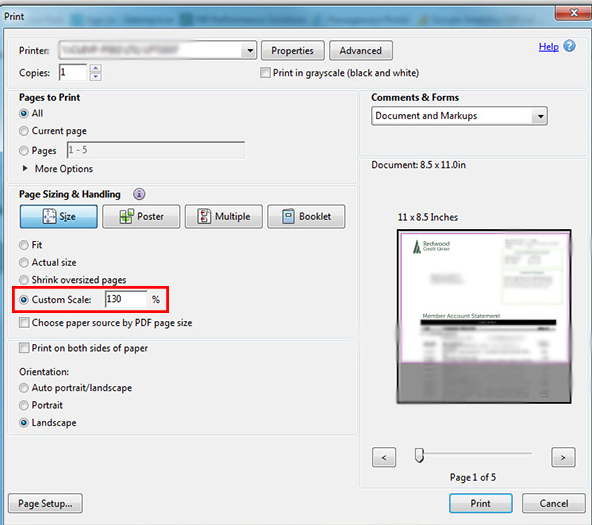 Example of Custom Scale in the Print dialog box. 