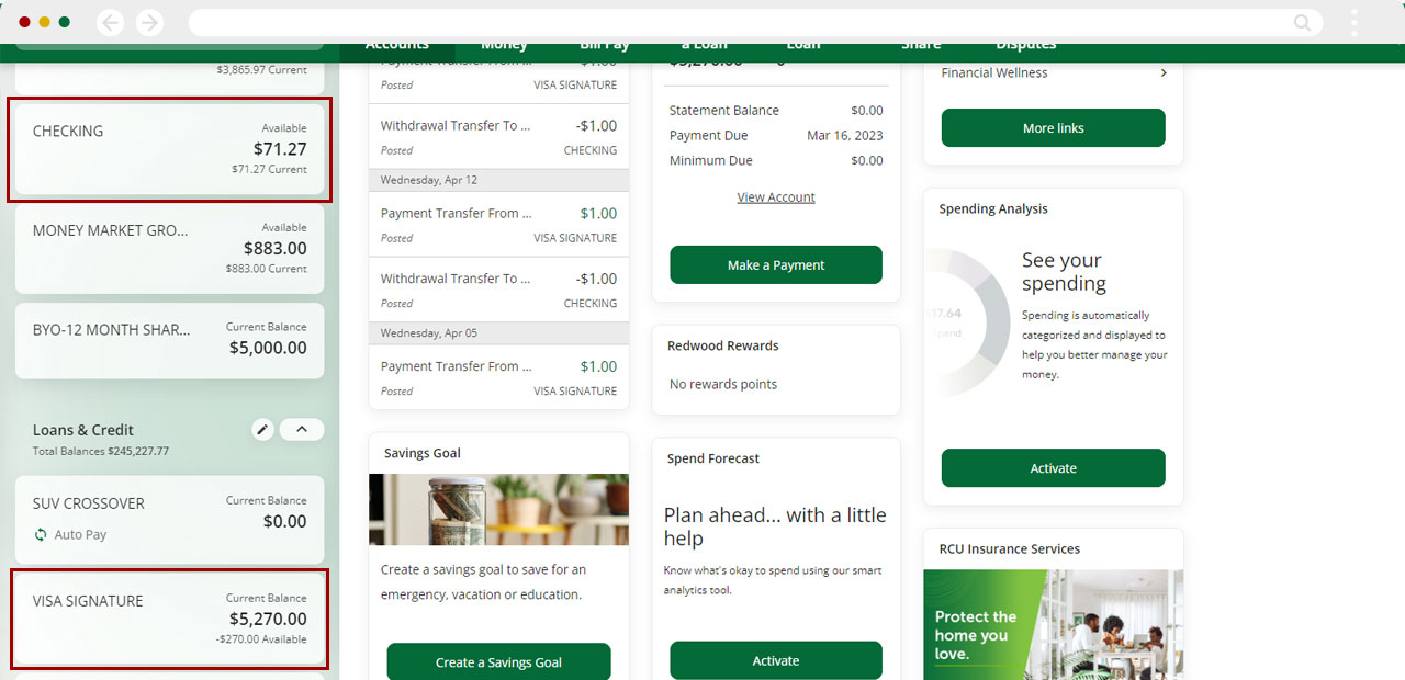 Screenshot of navigating to to debit and credit cards from the dashboard for desktop