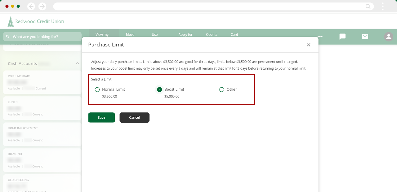 Adjusting debit purchase limits on desktop, step 4