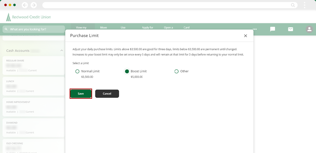 Adjusting debit purchase limits on desktop, step 5
