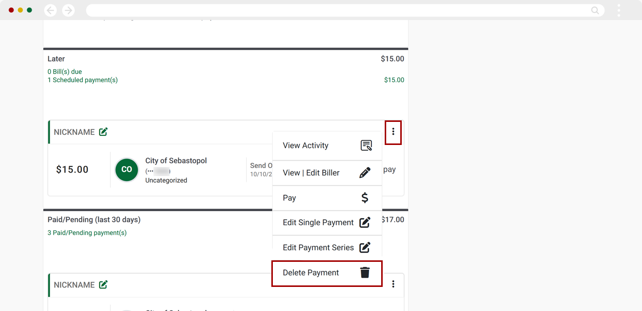 Deleting a recurring payment on desktop, step 3
