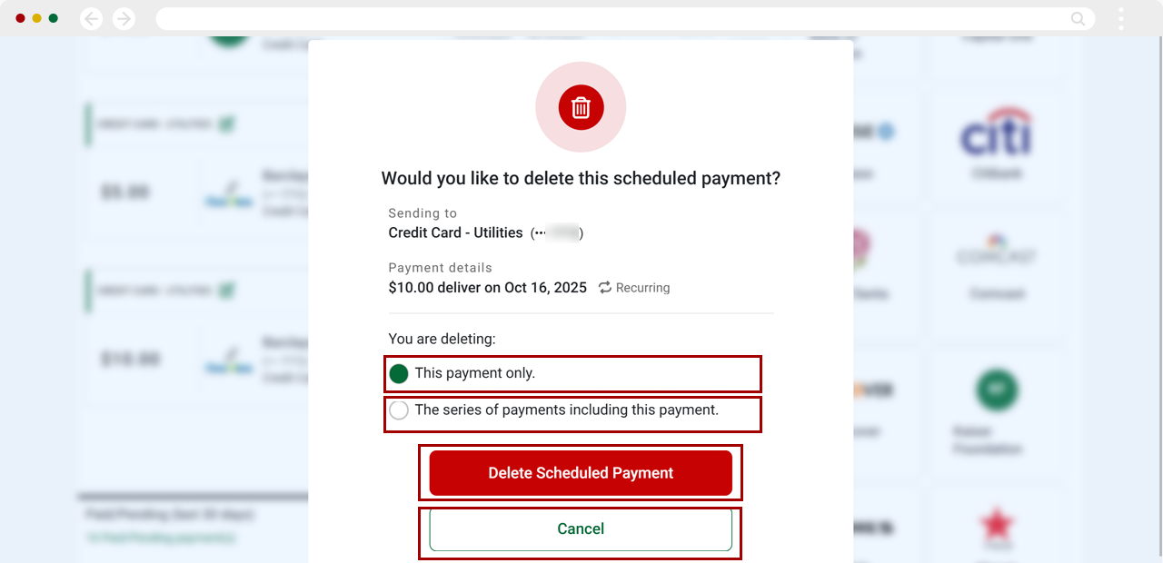 Deleting a recurring payment on desktop, step 4