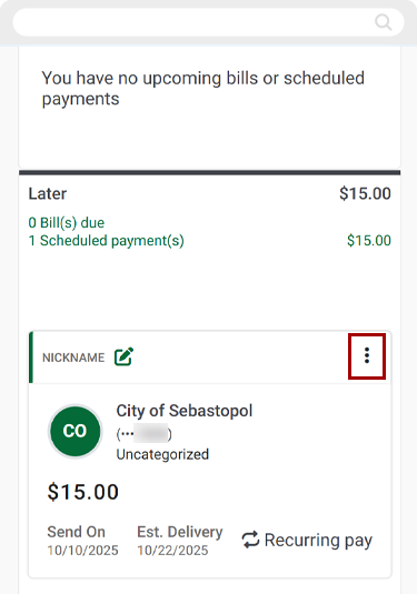 Delete recurring payment in mobile, step 2
