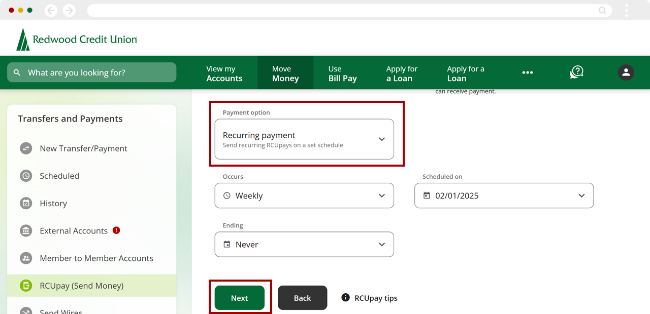 Recurring RCUpay on desktop, step 5