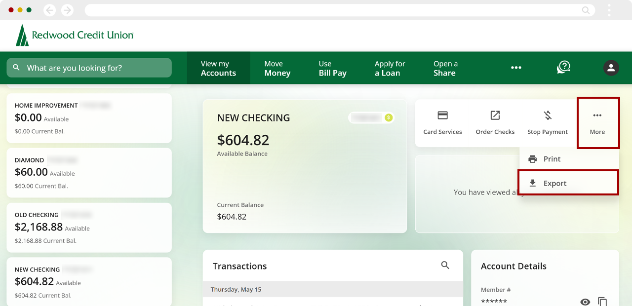 Downloading transactions into Excel, step 2