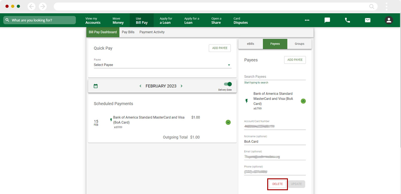 Screenshot of deleting a payee in bill pay on desktop devices