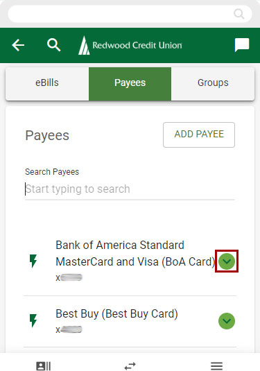 Screenshot of navigating to bill pay payees on mobile devices 