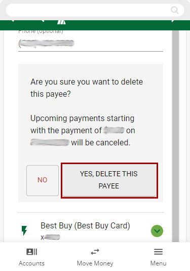 Screenshot of delete payee confirmation on mobile devices 