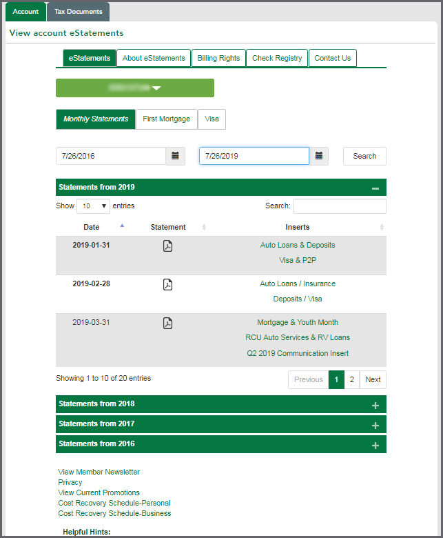 View Account eStatements detail page