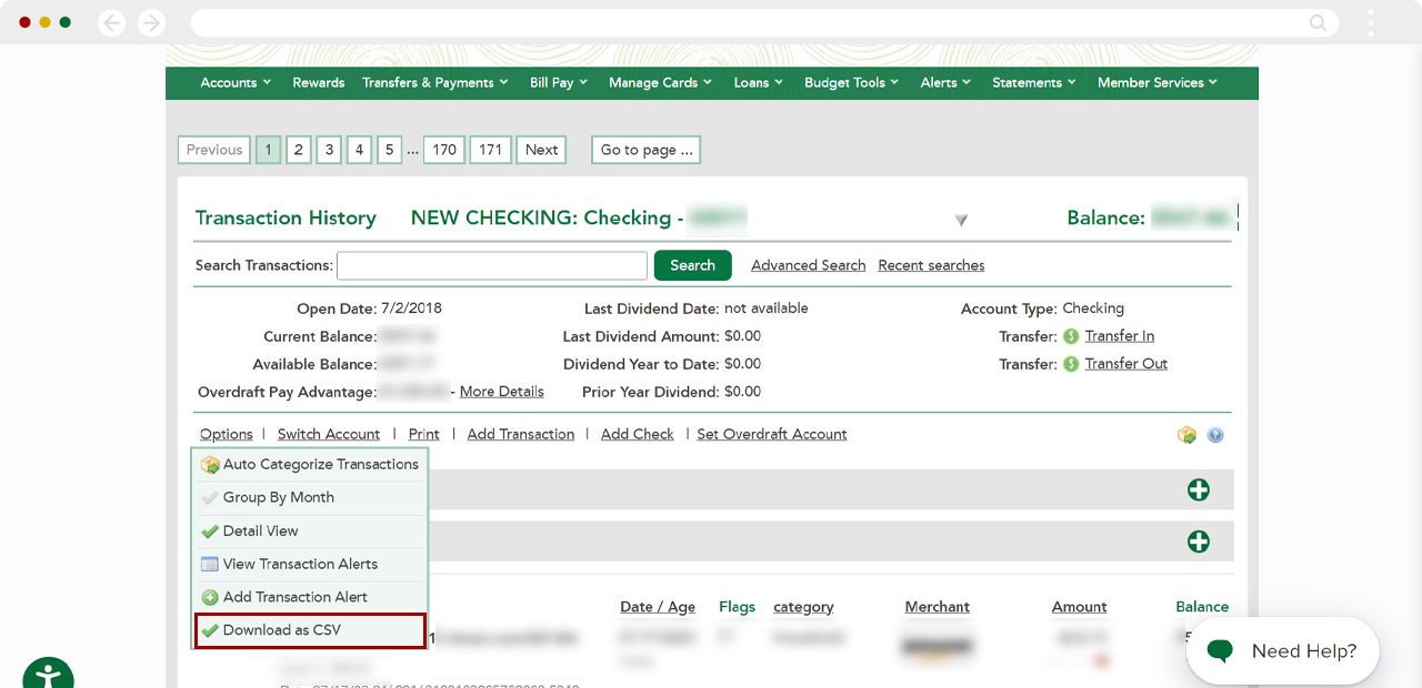 Downloading transactions to Excel, step 2