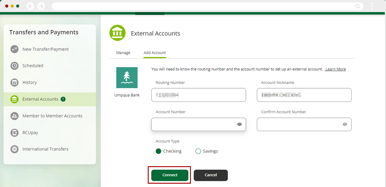 Verifying an external account manually on desktop, step 1