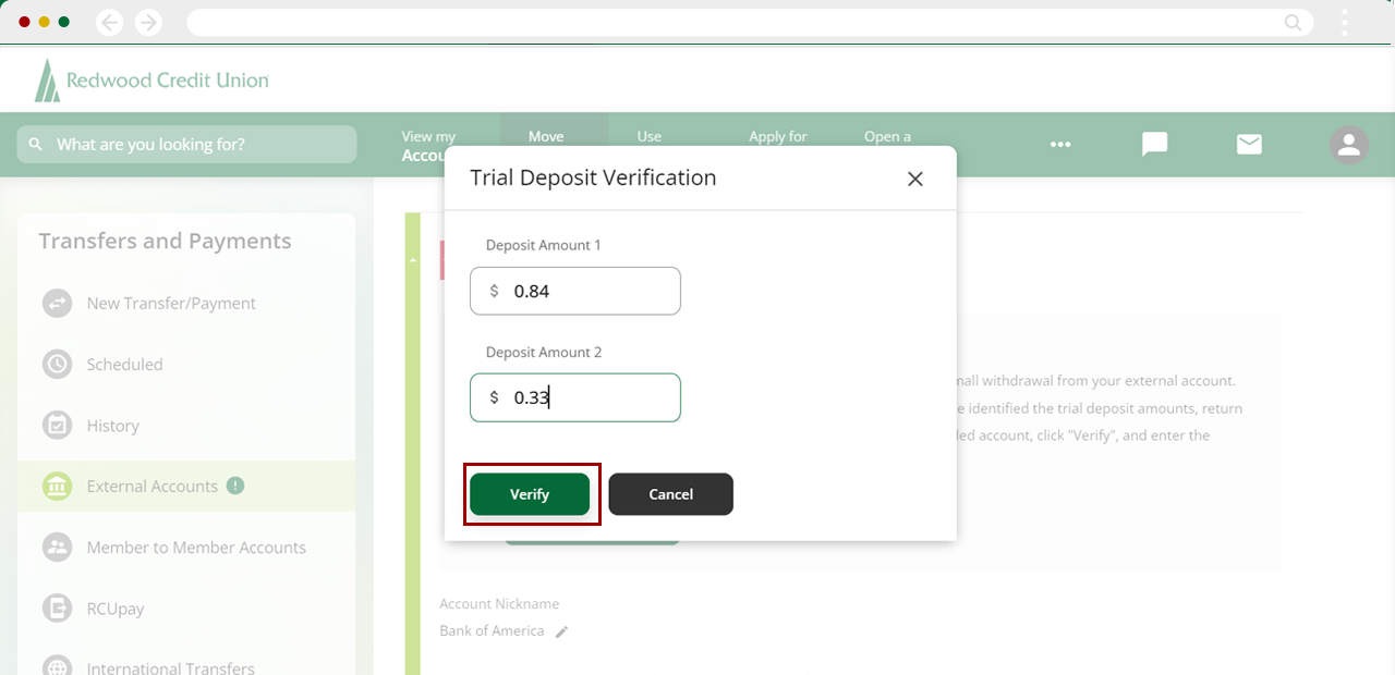 Verifying an external account manually on desktop, step 5