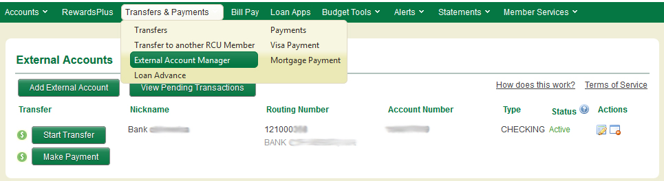 Image of External Account Manager section within Online Banking