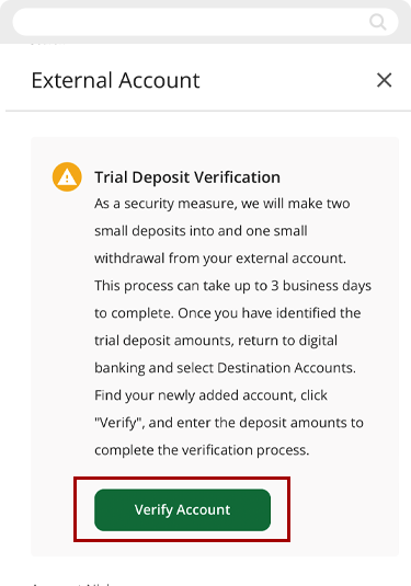 Validating external accounts manually in mobile, step 4