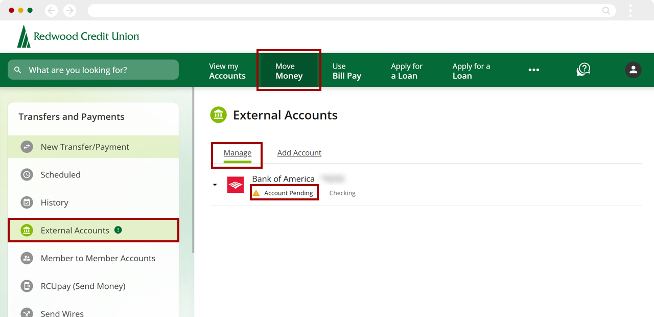 Setting up external transfers manually on desktop, step 1