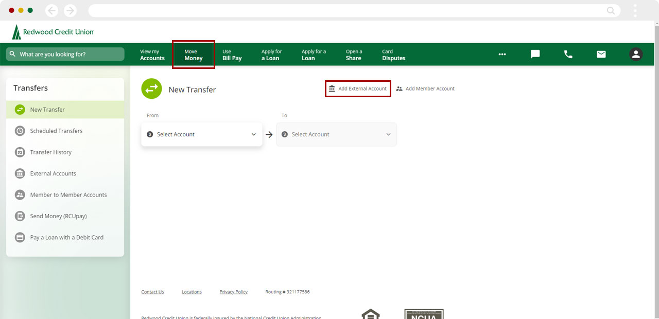 Screenshot of selecting add external account on a desktop computer