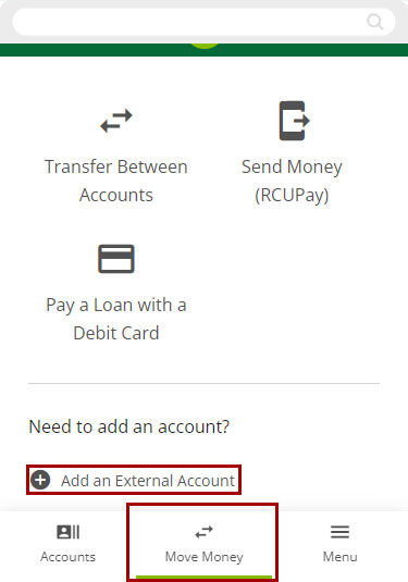 Screenshot of how to find add external account button for mobile devices