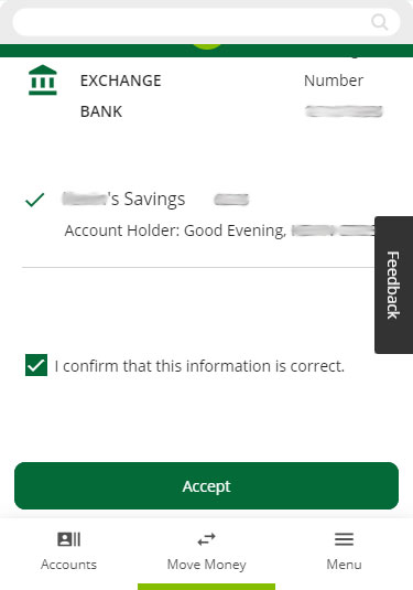 Screenshot of external account confirmation for mobile devices