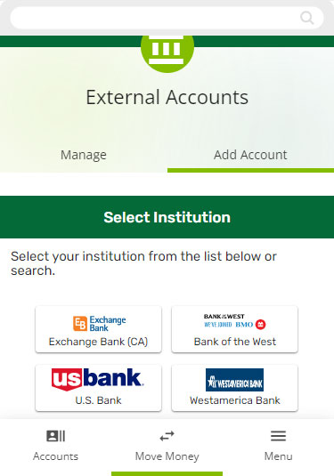 Screenshot of institution select on mobile device