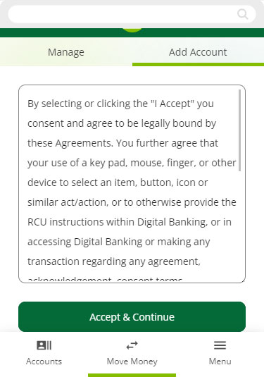 Screenshot of external account terms agreement on mobile