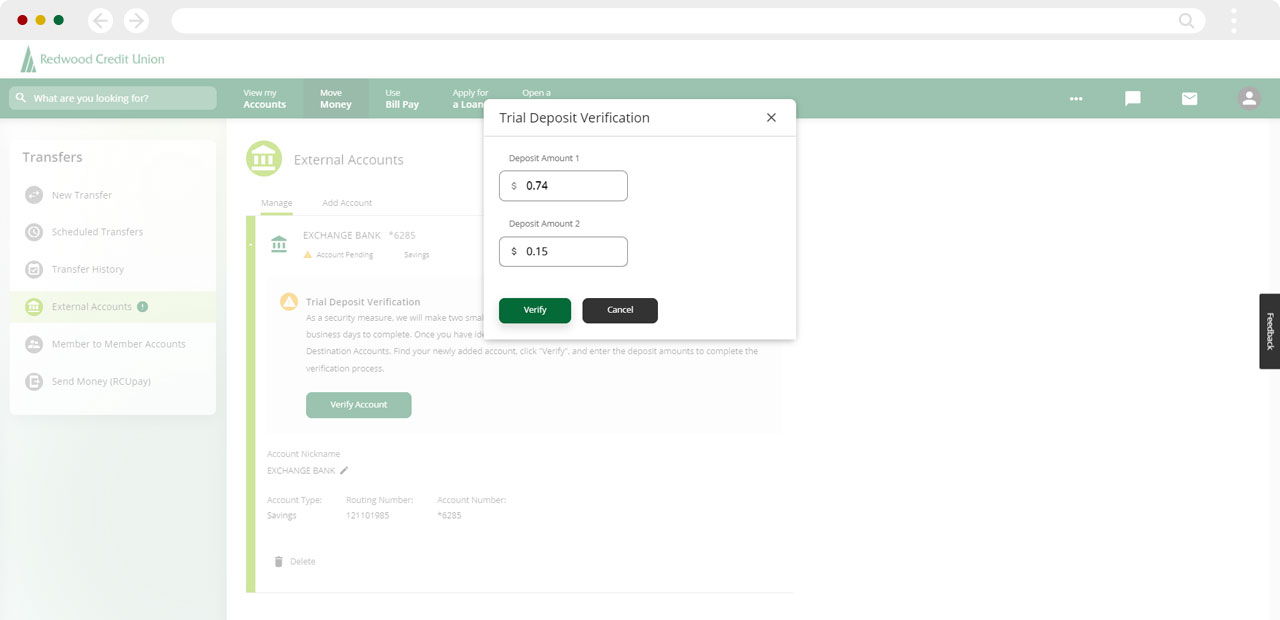 Screenshot of trial deposit verification for desktop