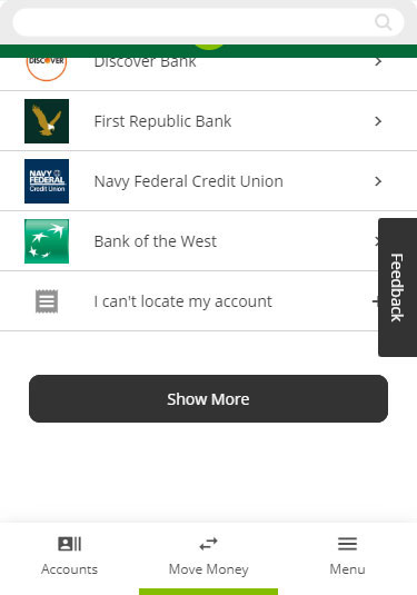 Screenshot of account select for trail deposit on mobile