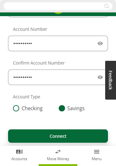 Screenshot of logging into external account for trial deposit on mobile