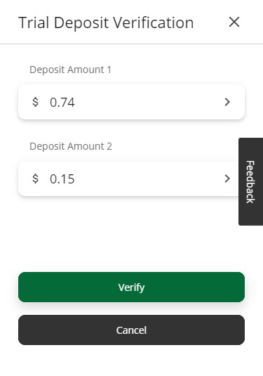 Screenshot of trial deposit verification screen on mobile