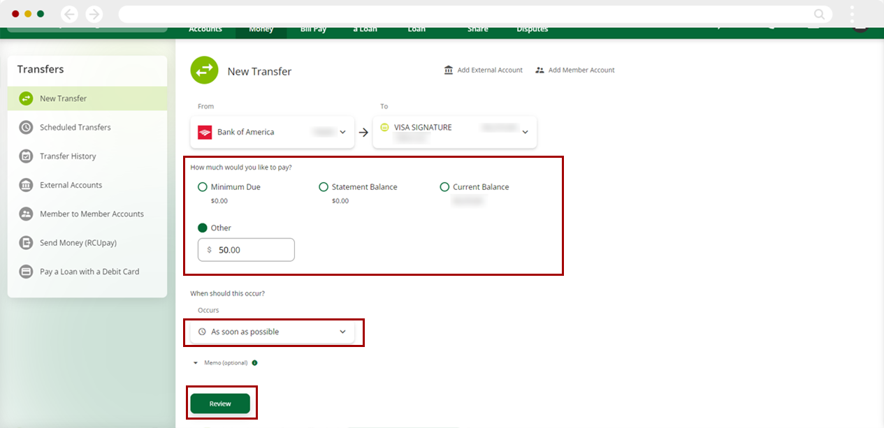 Paying your Visa from an external account on desktop, step 4