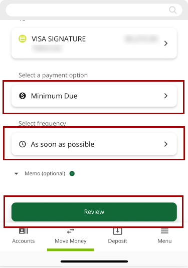 Making a payment to your Visa in mobile, step 3