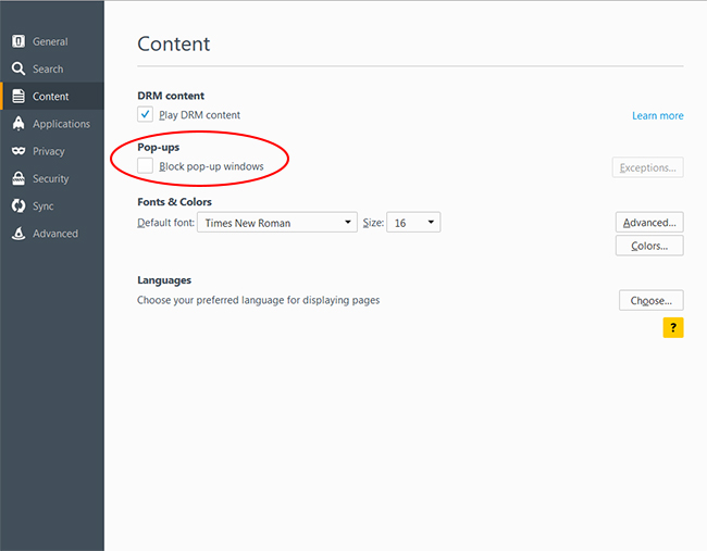 Firefox Content Options Pop-ups