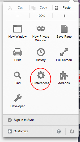 Firefox Preferences Menu