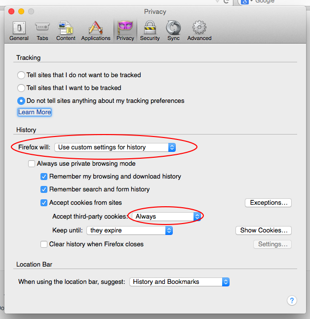 Firefox Privacy - History settings to allow cookies