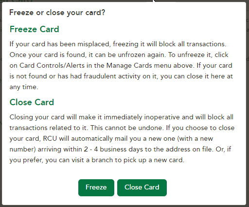 Online Banking Freez Card and Close Card options