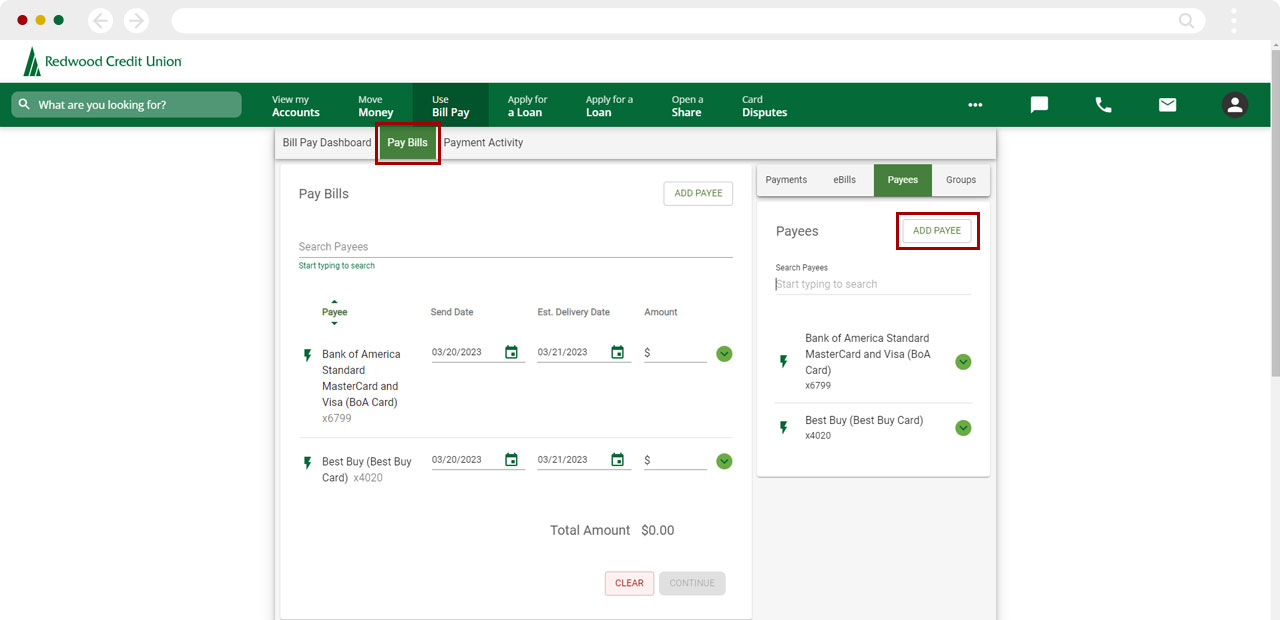 Screenshot of where to find add payee under pay bills on a desktop