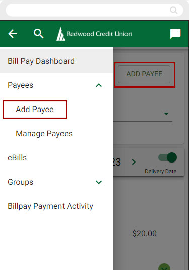 Screenshot of navigating to the Add Payee link on mobile devices
