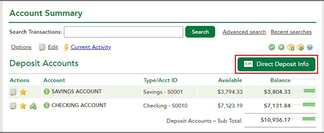 screenshot showing where to find direct deposit in online banking