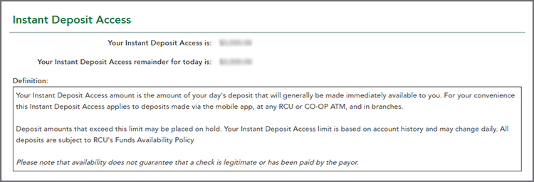 Instant Deposit Access page