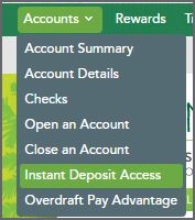 Instant Deposit Access menu