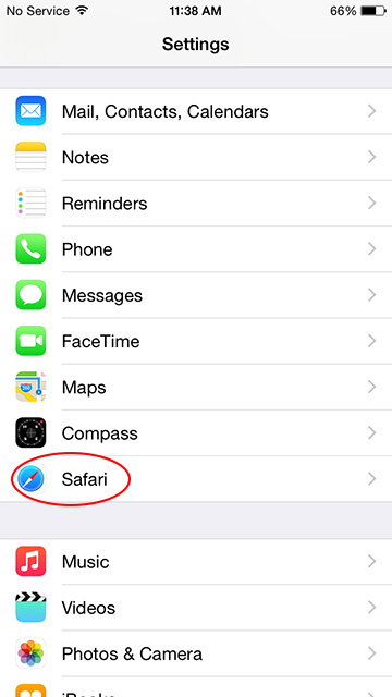 iPhone Settings - Now select SAFARI from list of options
