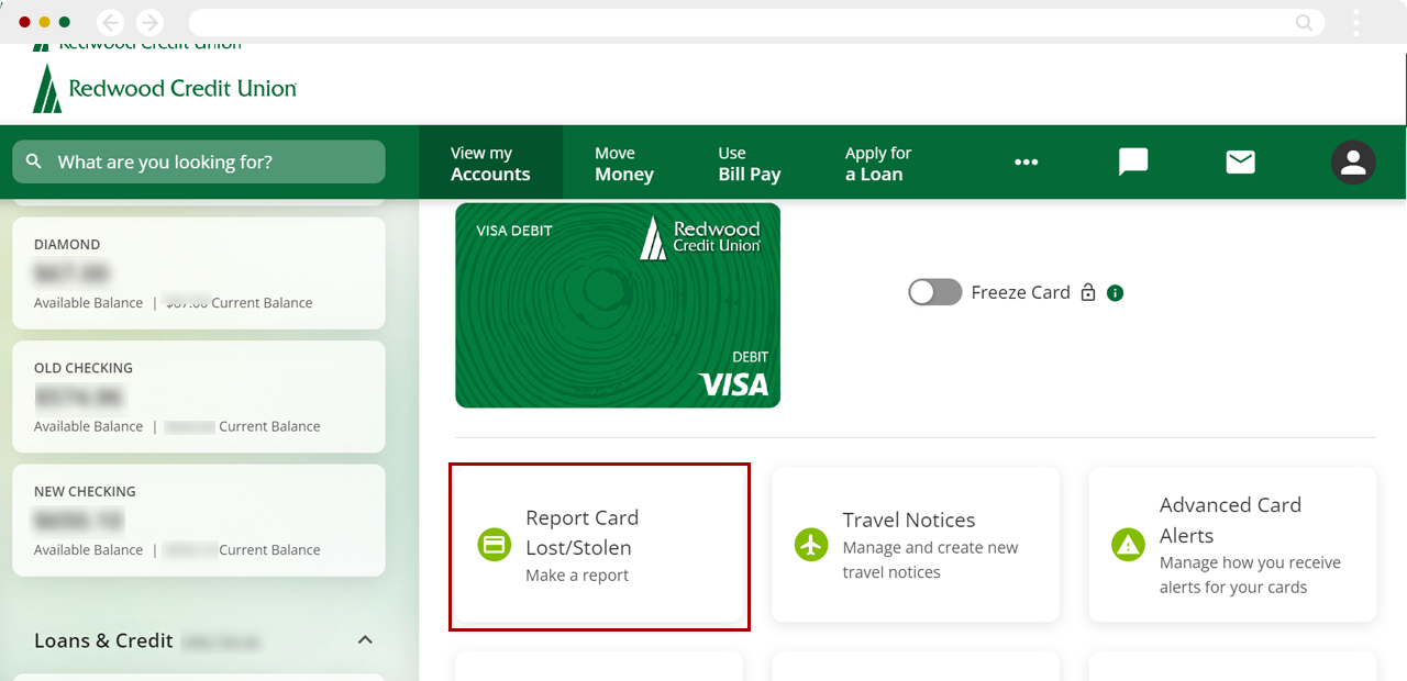 Reporting a lost or stolen debit or credit card on desktop, step 3