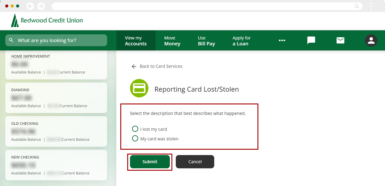 Reporting a lost or stolen debit or credit card on desktop, step 5