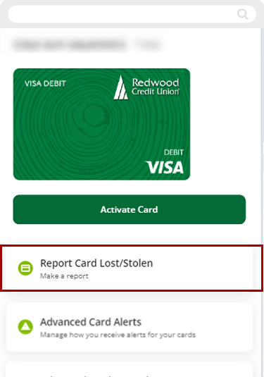 iReporting a lost or stolen credit or debit card in mobile, step 3