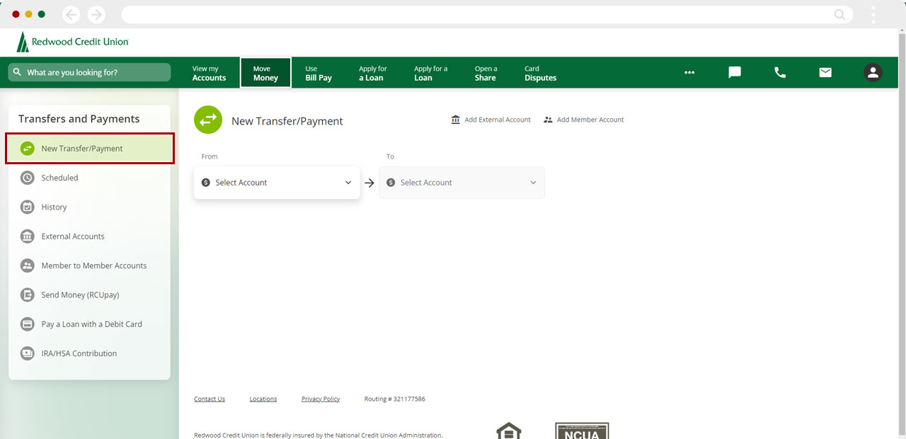 Screenshot of navigating to New Transfer/Payment on desktop computers