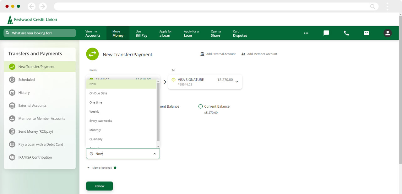 Screenshot of choosing payment timing information on desktop computers
