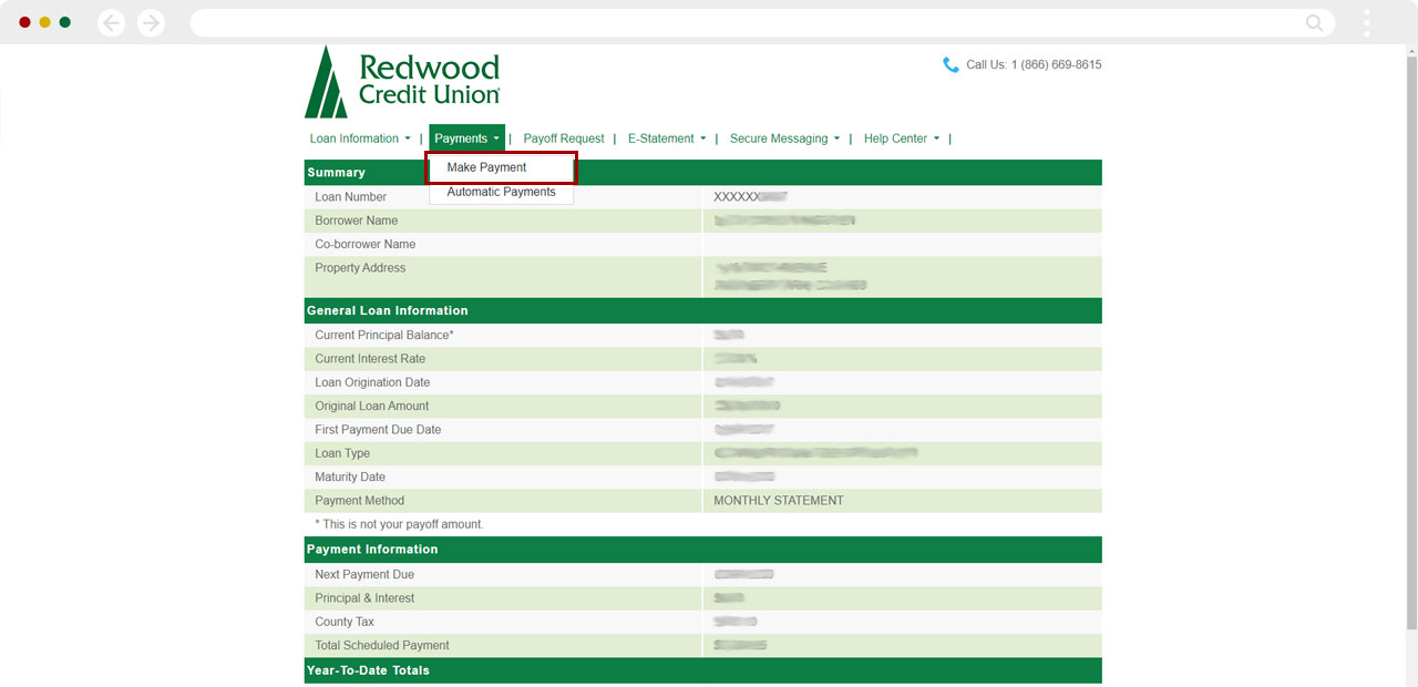 Screenshot of navigating to the Make a Payment button in Mortgage portal on desktop
