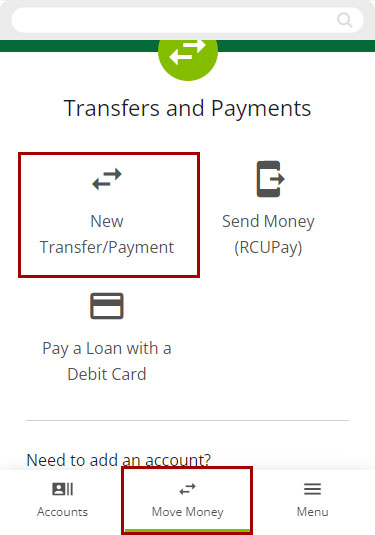 Screenshot of navigating to New Transfer/Payment on mobile devices