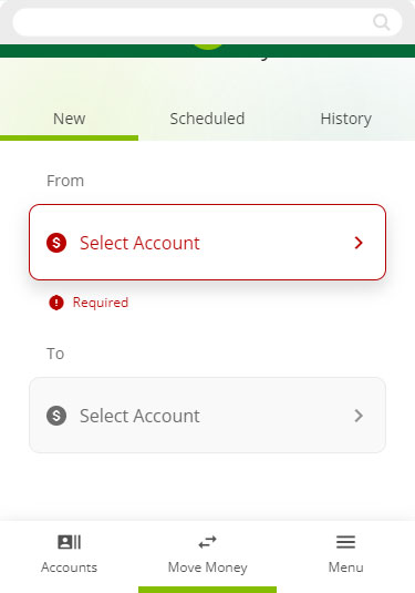 Screenshot of selecting accounts for payments/transfers on mobile devices